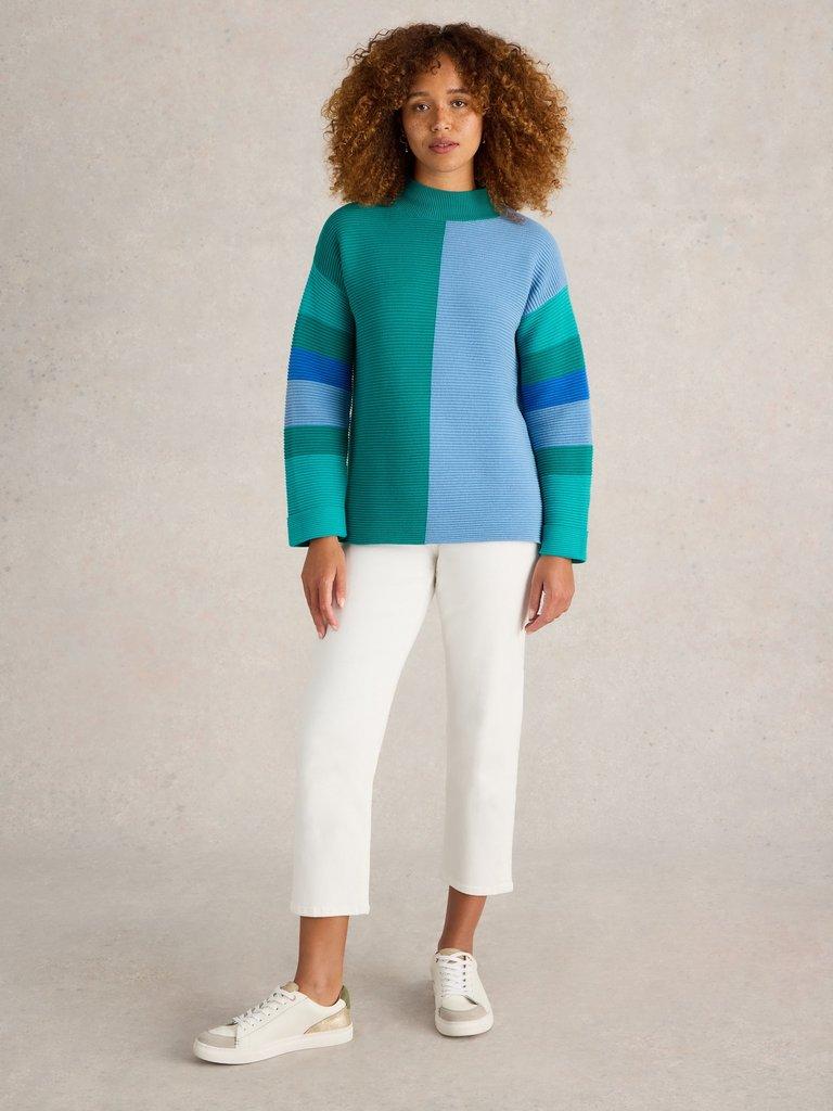 JANA HIGH NECK JUMPER in TEAL MLT - MODEL FRONT