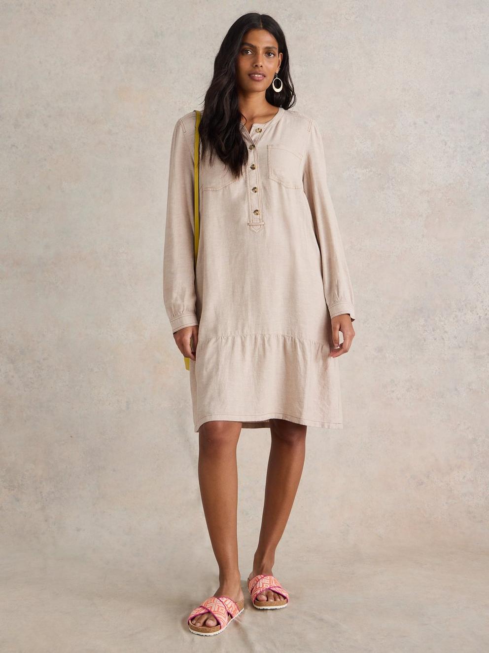 Norma Linen Blend Dress in LGT NAT - MODEL FRONT