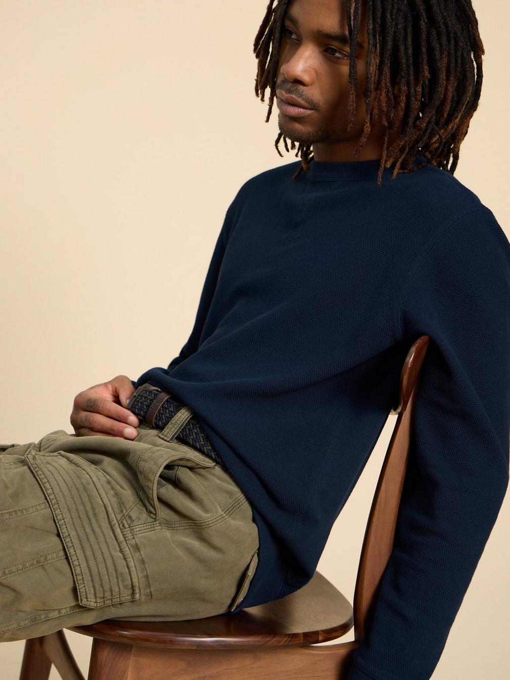 Pique Crew Neck Sweat in DEEP BLUE - LIFESTYLE