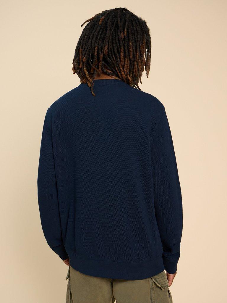 Pique Crew Neck Sweat in DEEP BLUE - MODEL BACK