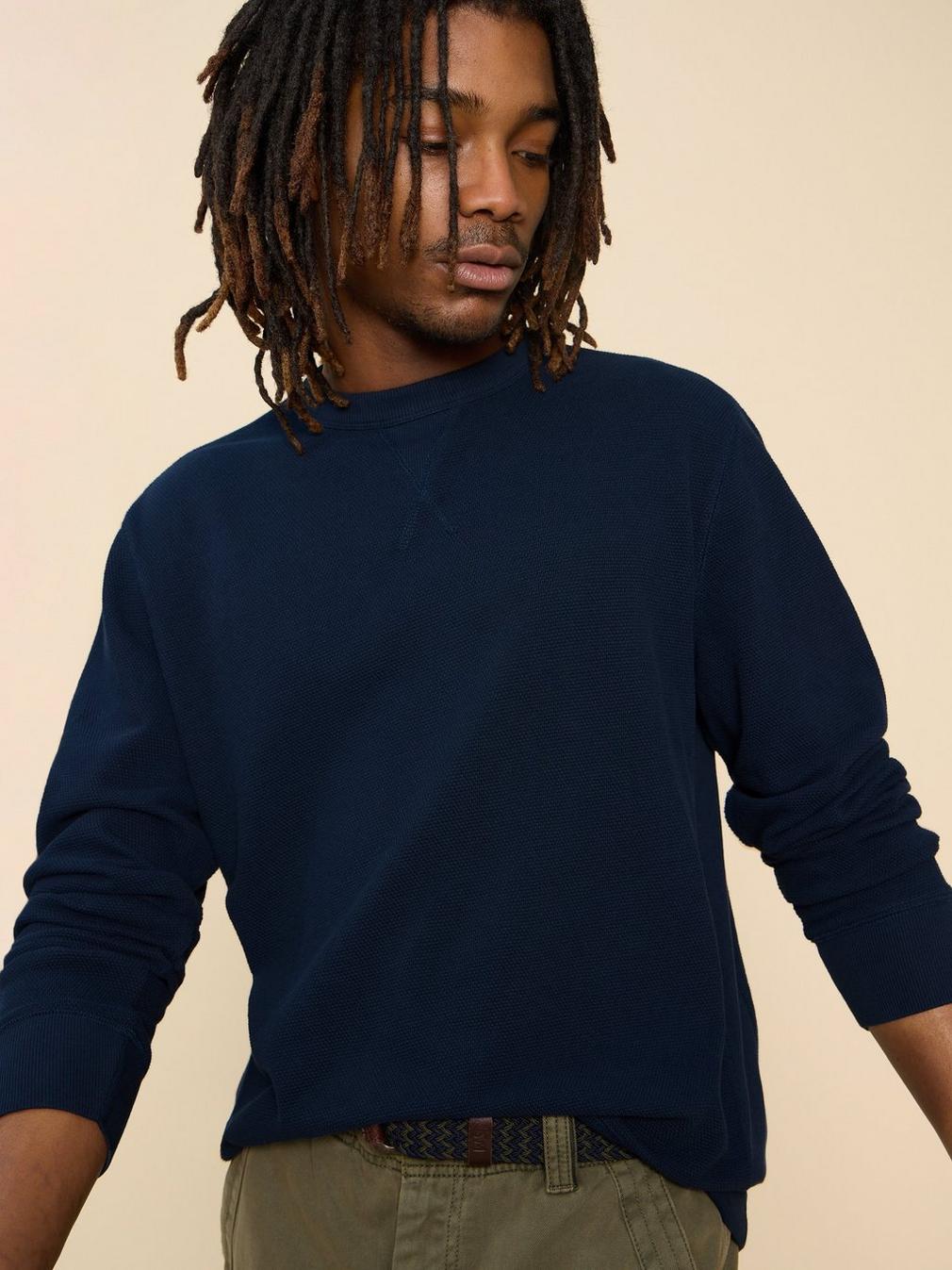 Pique Crew Neck Sweat in DEEP BLUE - MODEL FRONT