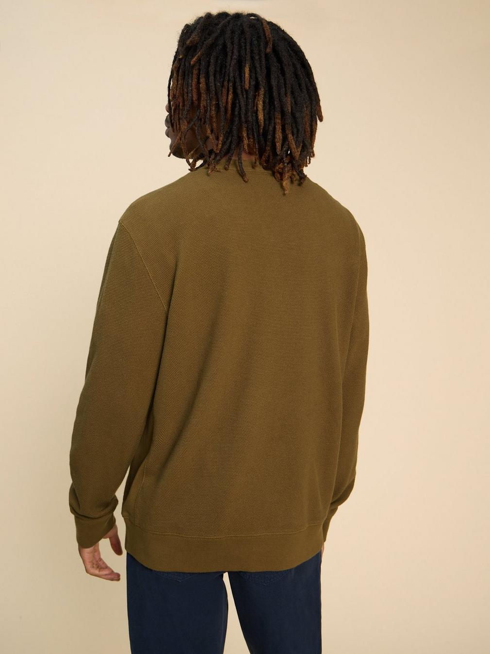 Pique Crew Neck Sweat in KHAKI GRN - MODEL BACK