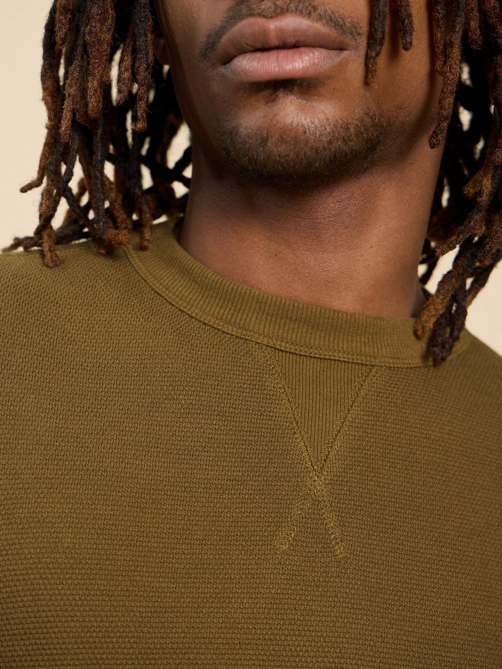 Pique Crew Neck Sweat in KHAKI GRN - MODEL DETAIL