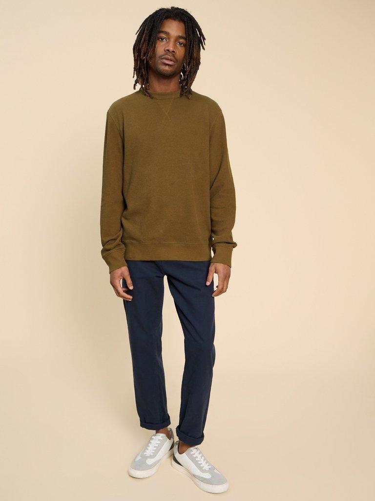 Pique Crew Neck Sweat in KHAKI GRN - MODEL FRONT