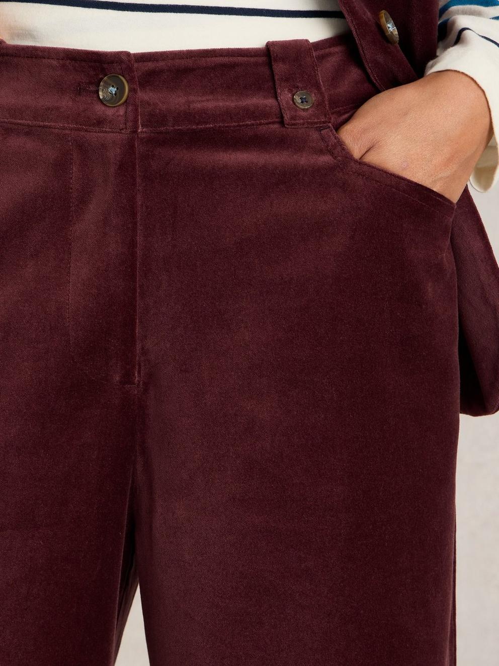 Belle Cropped Velvet Trouser in DK PLUM - MODEL DETAIL