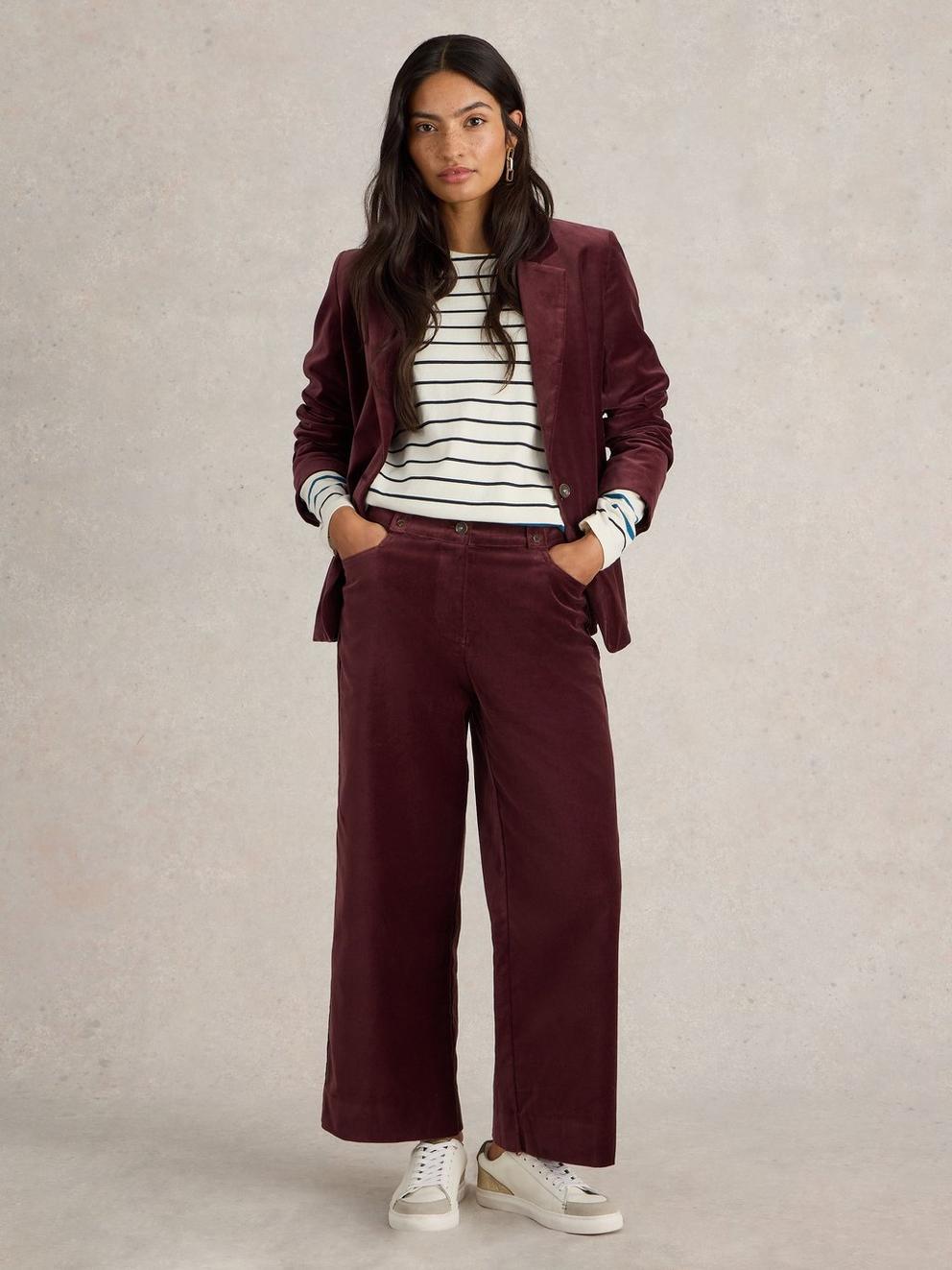 Belle Cropped Velvet Trouser in DK PLUM - MODEL FRONT