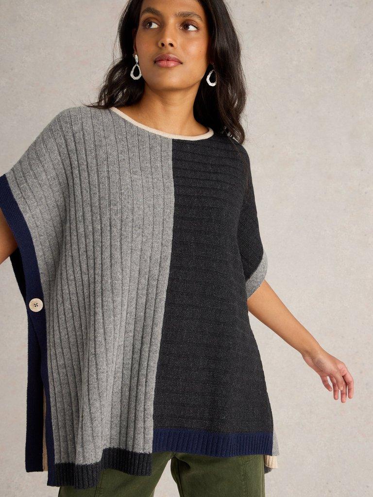 Ash Knitted Step Hem Poncho in NAT MLT - MODEL DETAIL