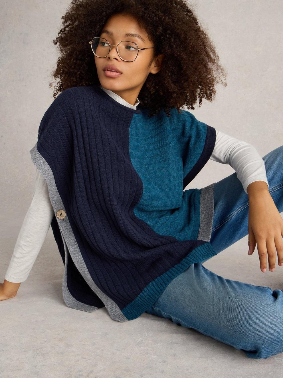 Ash Knitted Step Hem Poncho in TEAL MLT - LIFESTYLE