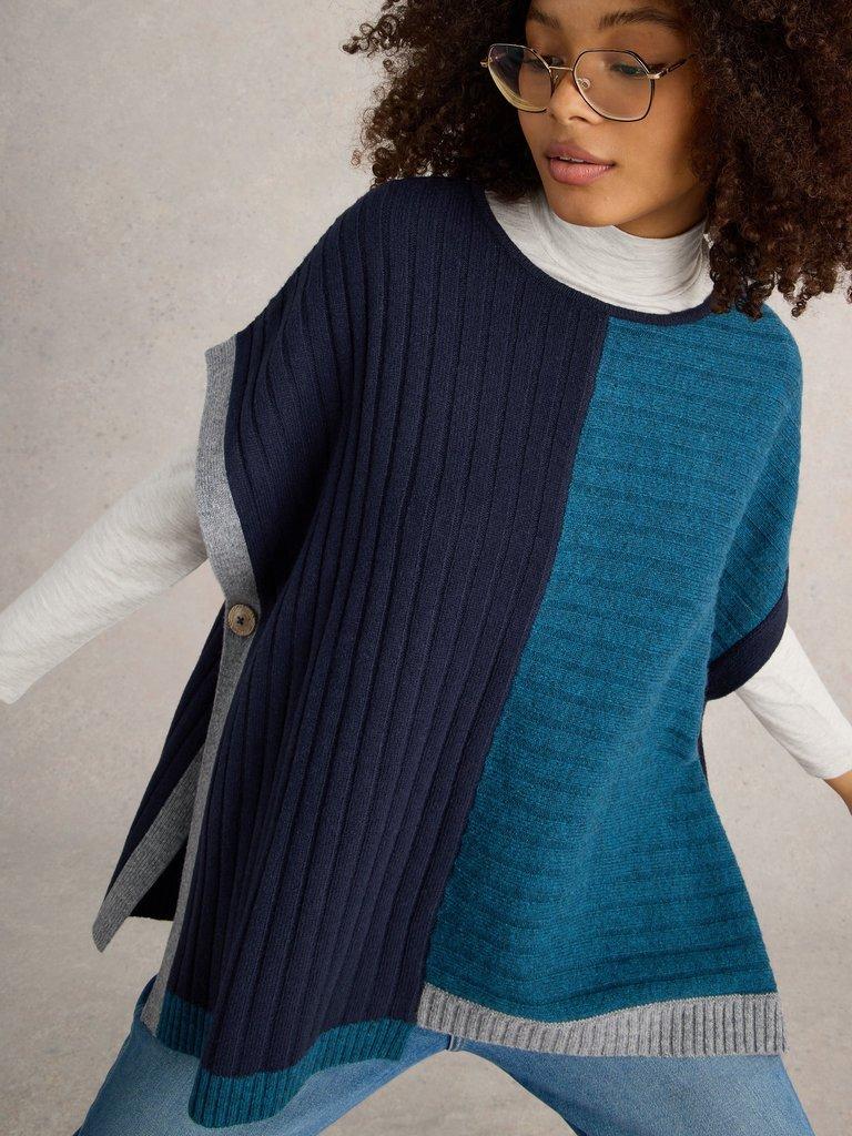 Ash Knitted Step Hem Poncho in TEAL MLT - MODEL DETAIL