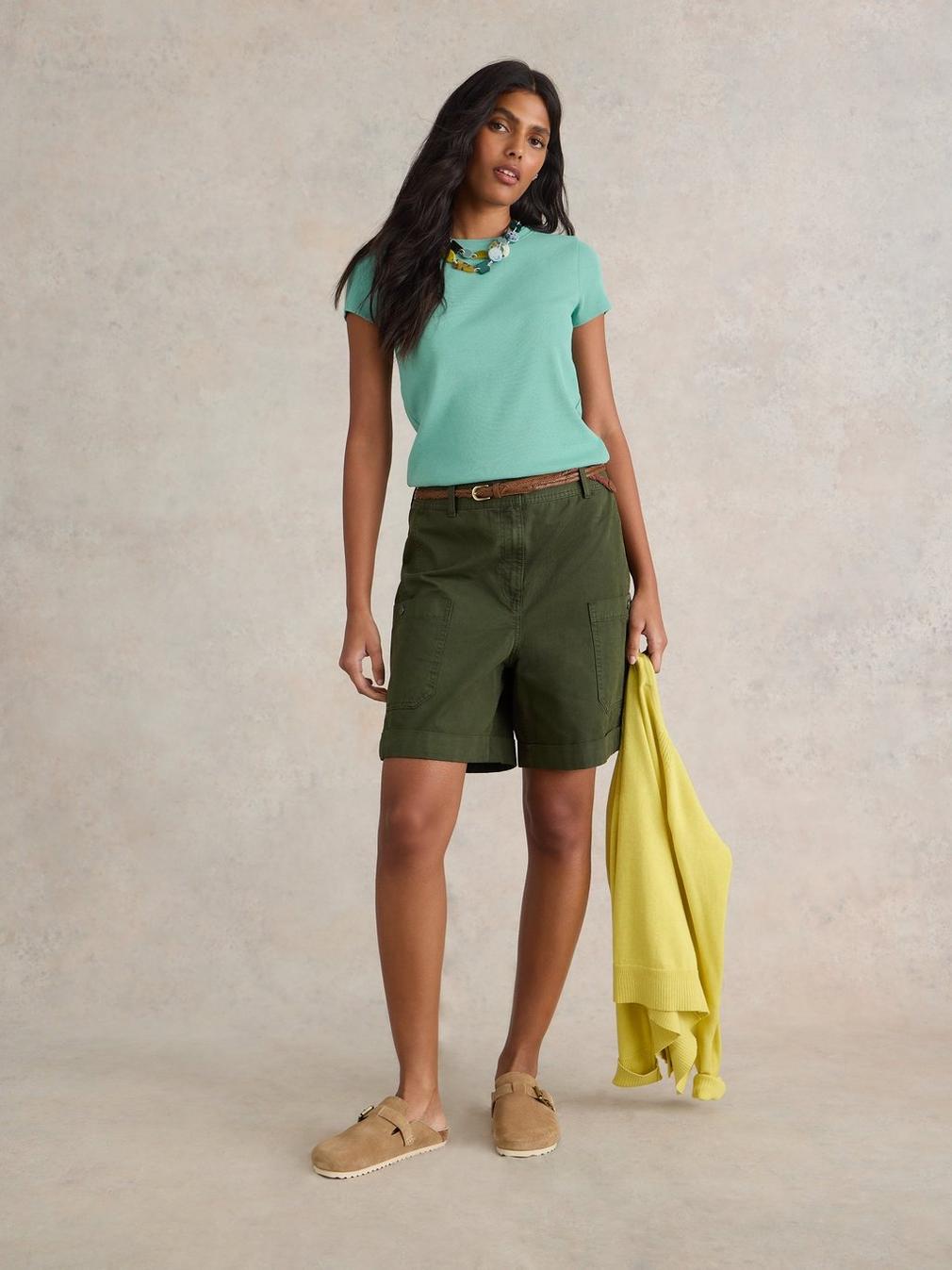 AIDA TEE in MID GREEN - MODEL FRONT