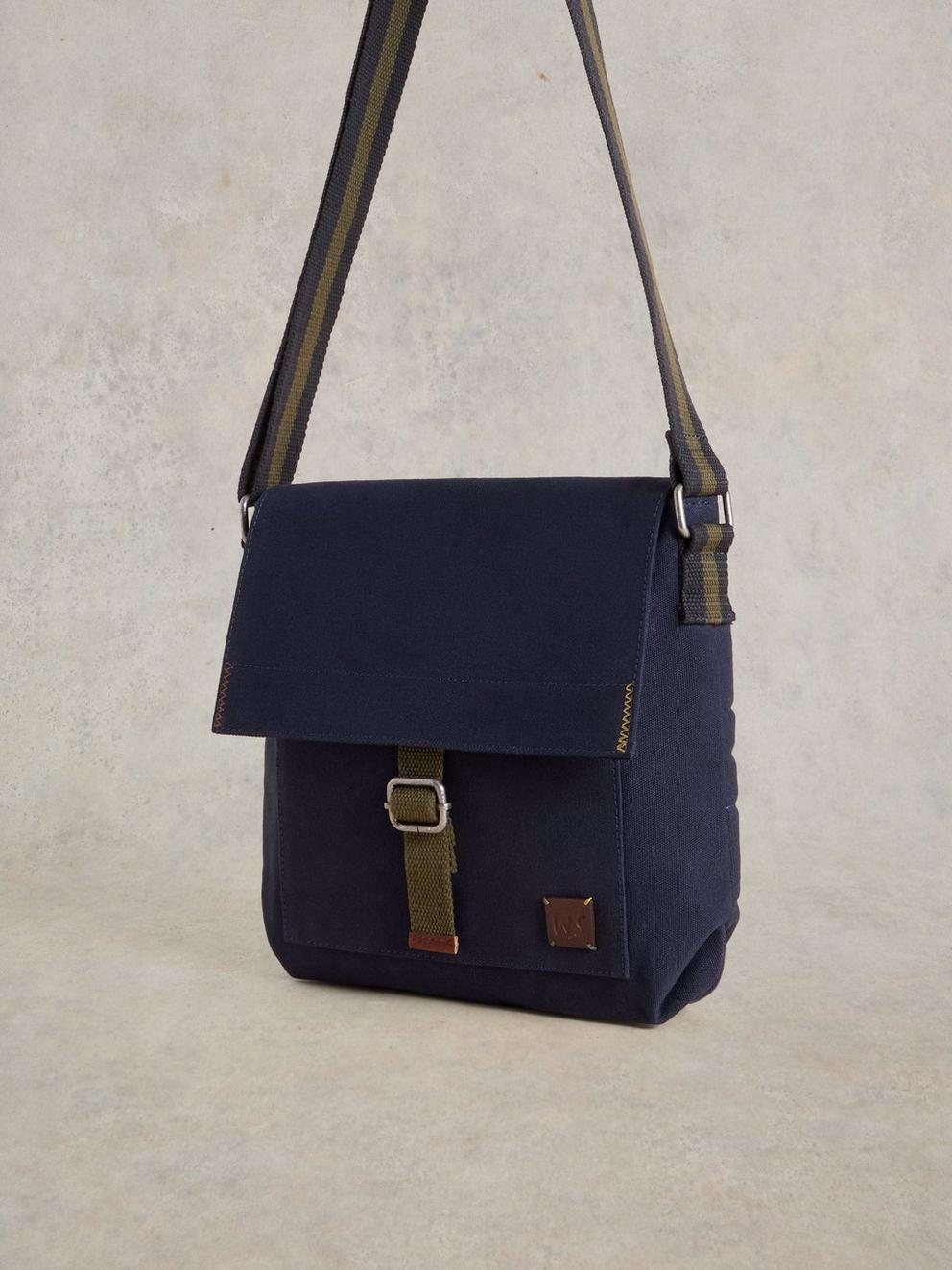 Teddy Canvas Crossbody Bag in NAVY MULTI - MODEL DETAIL