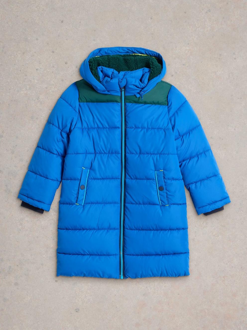 Kids Long Puffer Coat in BRT BLUE - FLAT FRONT