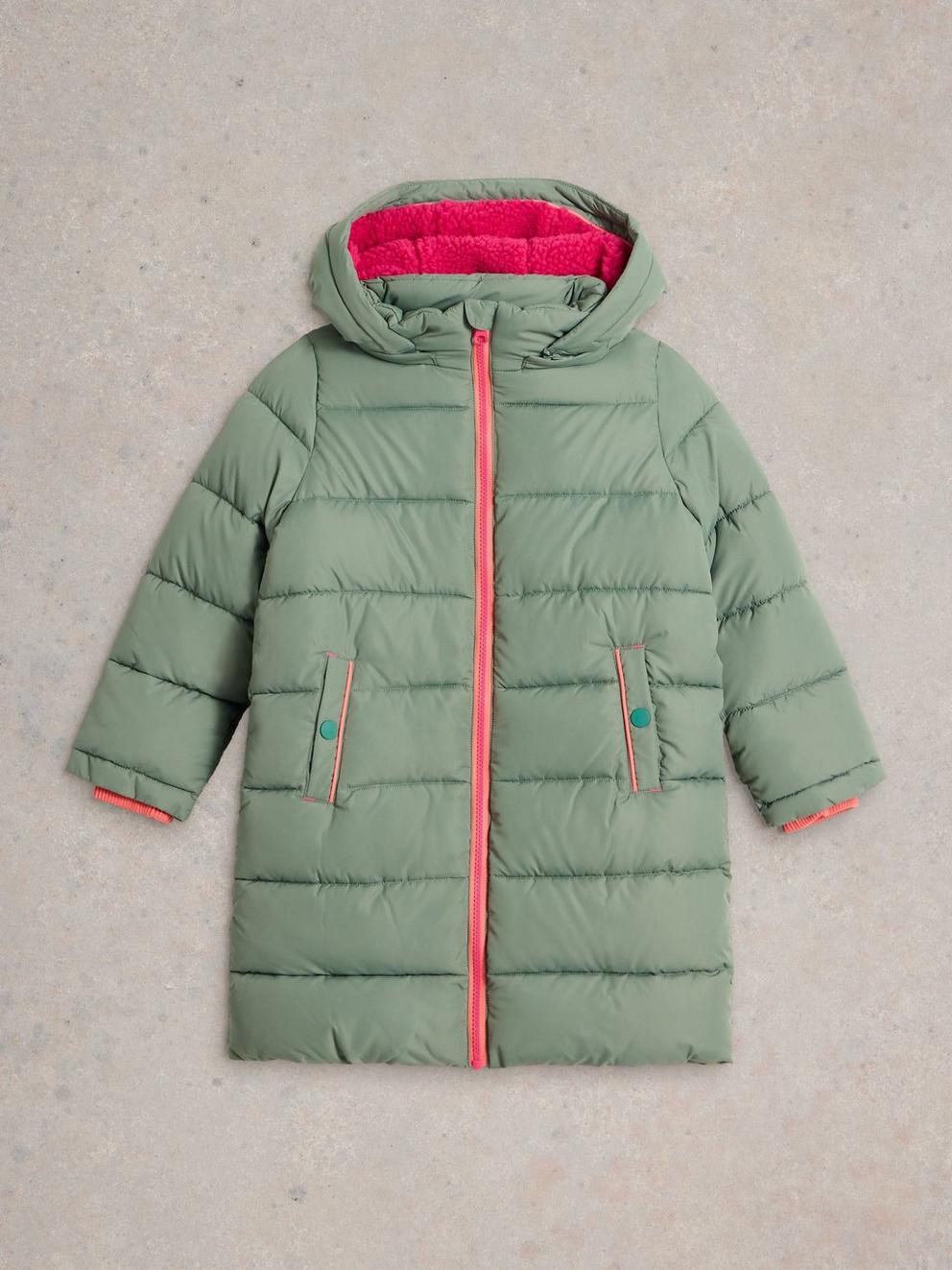 Kids Long Puffer Coat in DUS GREEN - FLAT FRONT
