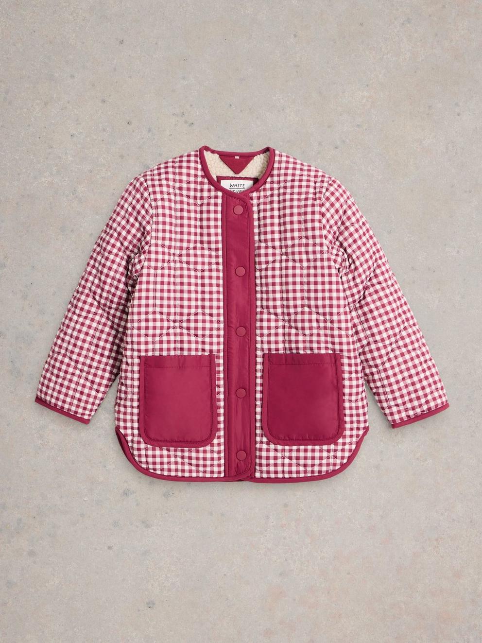 Kids Gingham Borg Lined Coat in DEEP RED - FLAT FRONT