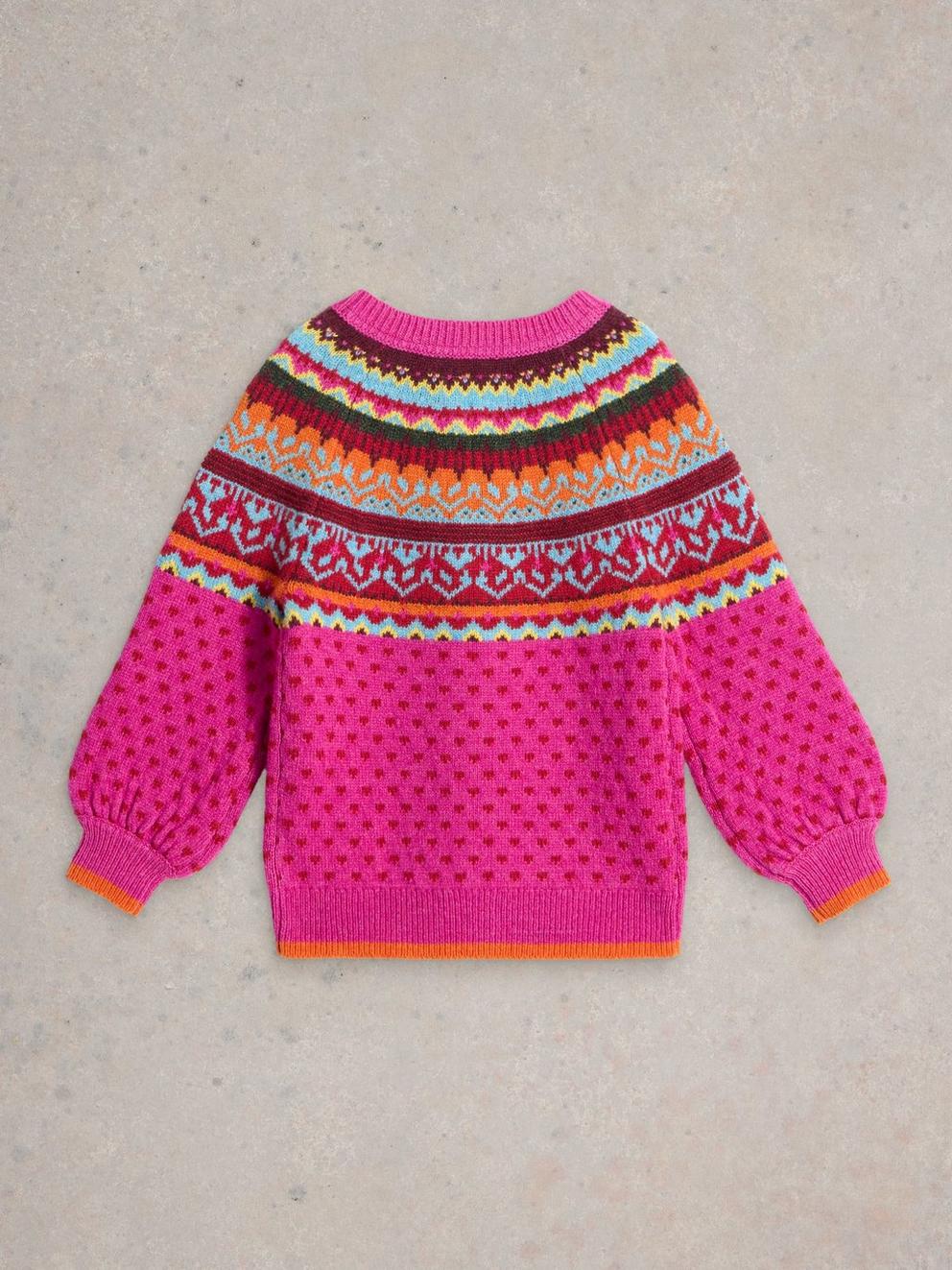 Kids Fairisle Cardigan in BRT PINK - FLAT BACK