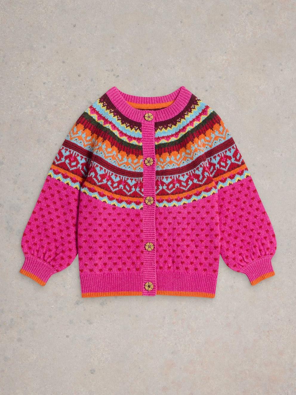 Kids Fairisle Cardigan in BRT PINK - FLAT FRONT