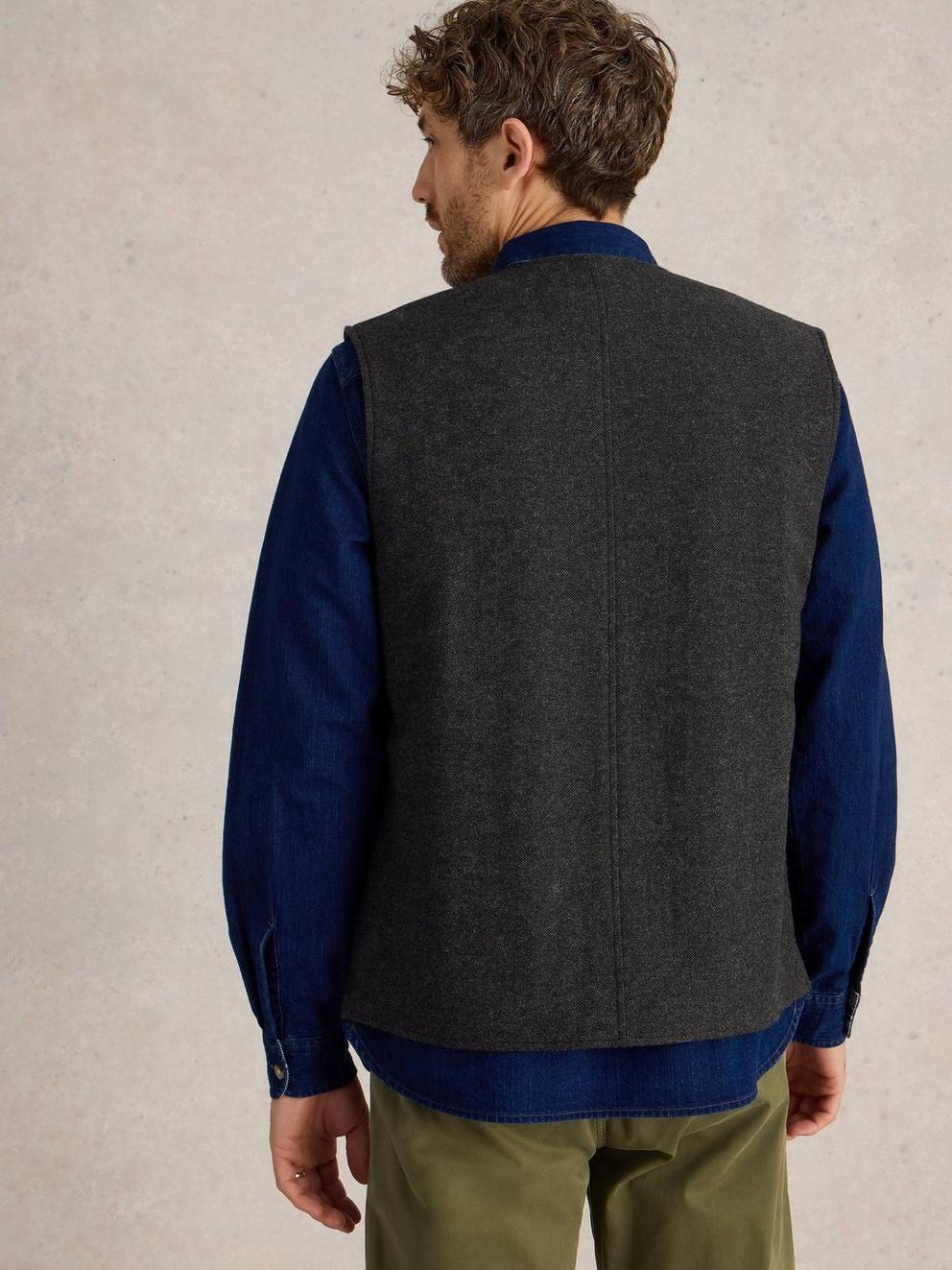 McKay Wool Gilet in CHARC GREY - MODEL BACK