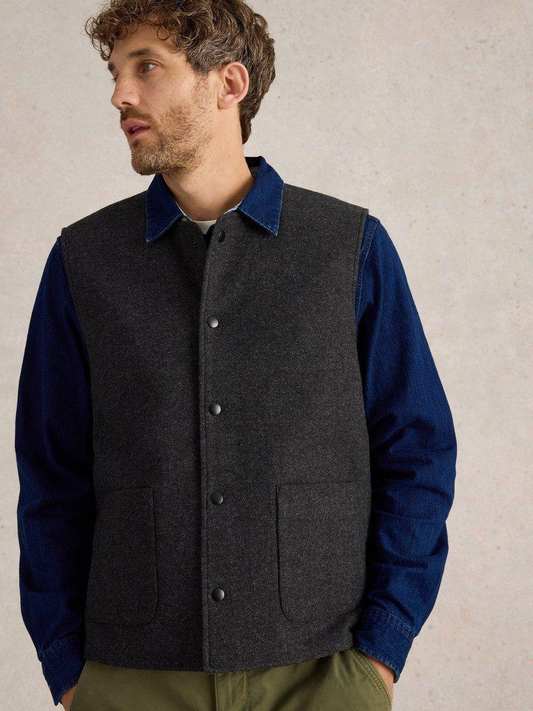 McKay Wool Gilet in CHARC GREY - MODEL DETAIL