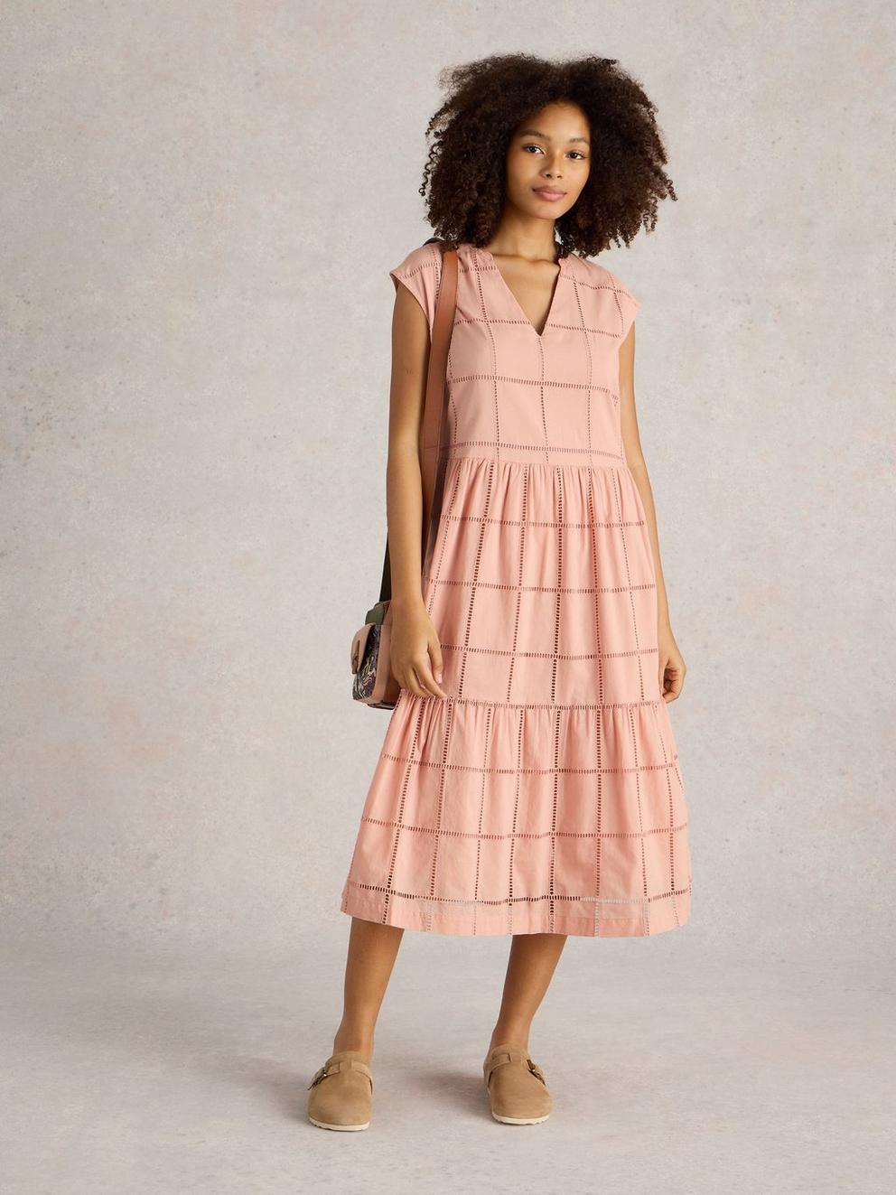 Fleur Broderie Dress in DUS PINK - MODEL FRONT