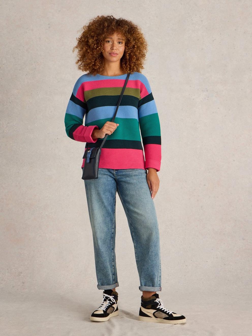 JANA STRIPE JUMPER in TEAL MLT - MODEL FRONT