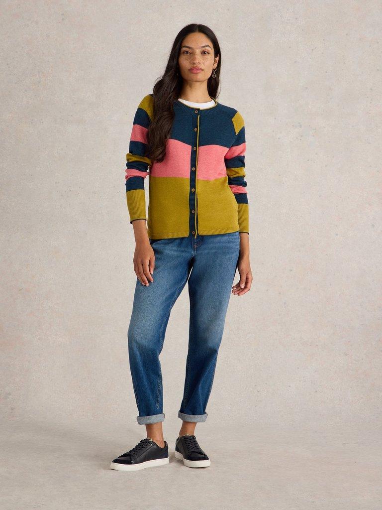 LULU STRIPE CREW CARDI in CHART MLT - MODEL FRONT