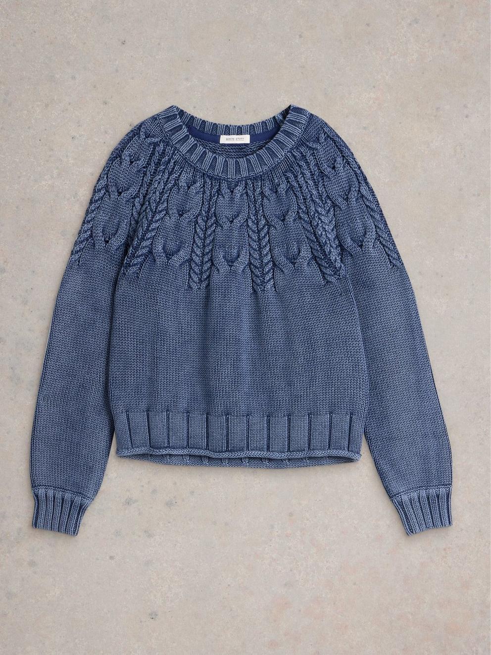 MIA LONG SLEEVE CABLE JUMPER in INDIGO BLE - FLAT FRONT
