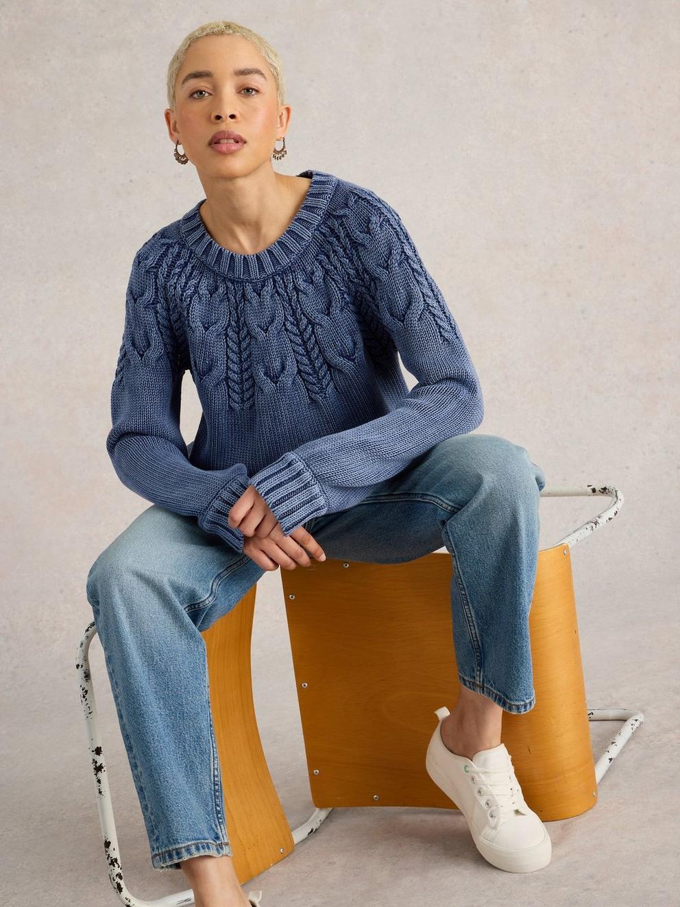 MIA LONG SLEEVE CABLE JUMPER in INDIGO BLE - LIFESTYLE