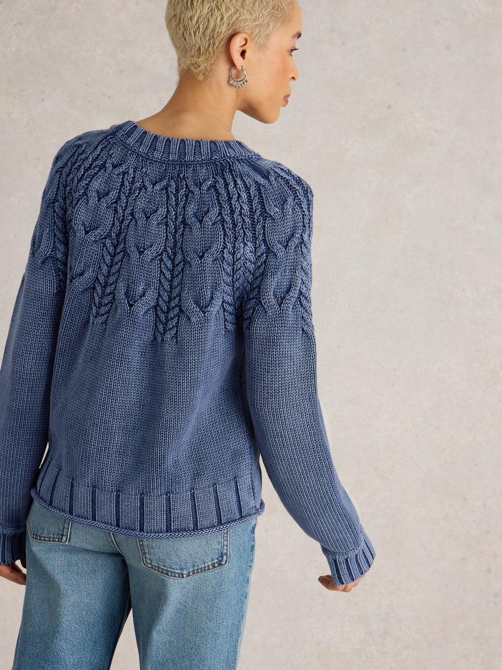 MIA LONG SLEEVE CABLE JUMPER in INDIGO BLE - MODEL BACK