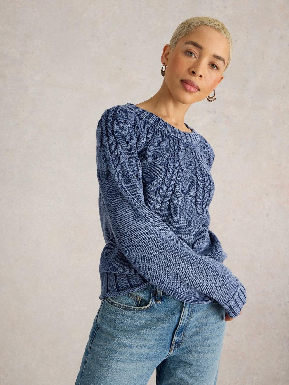 MIA LONG SLEEVE CABLE JUMPER in INDIGO BLE - MODEL DETAIL