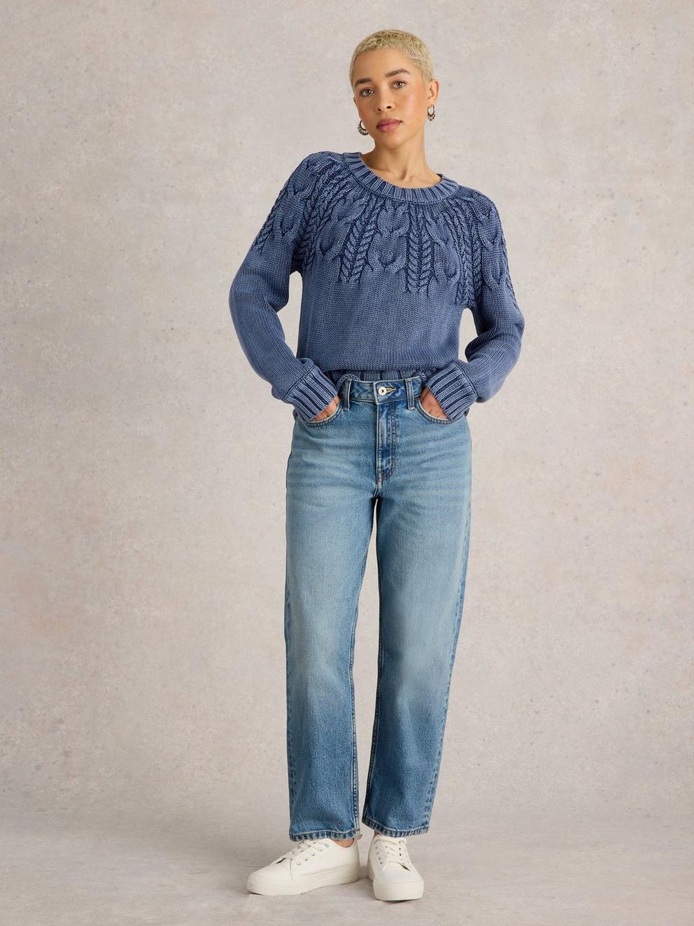 MIA LONG SLEEVE CABLE JUMPER in INDIGO BLE - MODEL FRONT