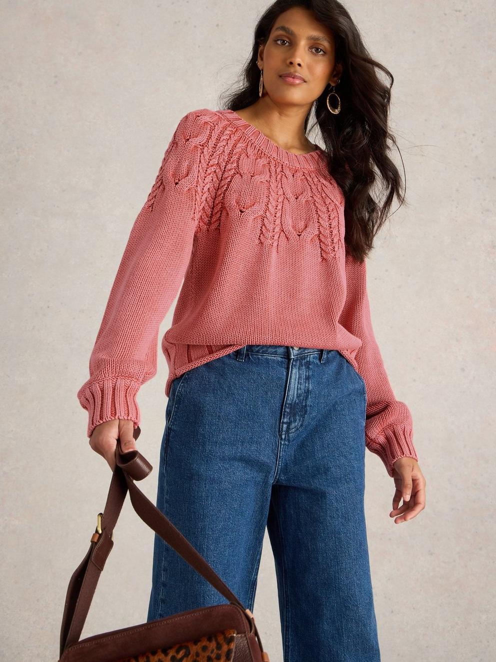 MIA LONG SLEEVE CABLE JUMPER in PINK MLT - MODEL DETAIL