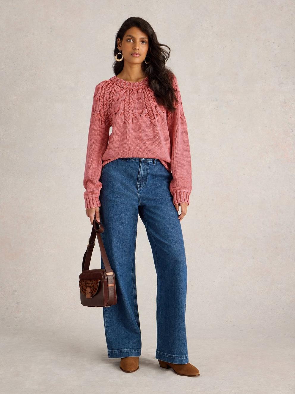 MIA LONG SLEEVE CABLE JUMPER in PINK MLT - MODEL FRONT