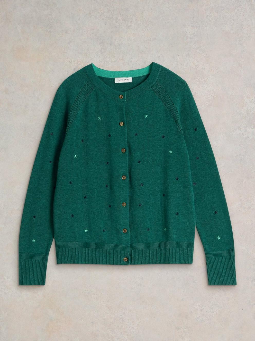 LULU EMBROIDERED CARDI in TEAL MLT - FLAT FRONT