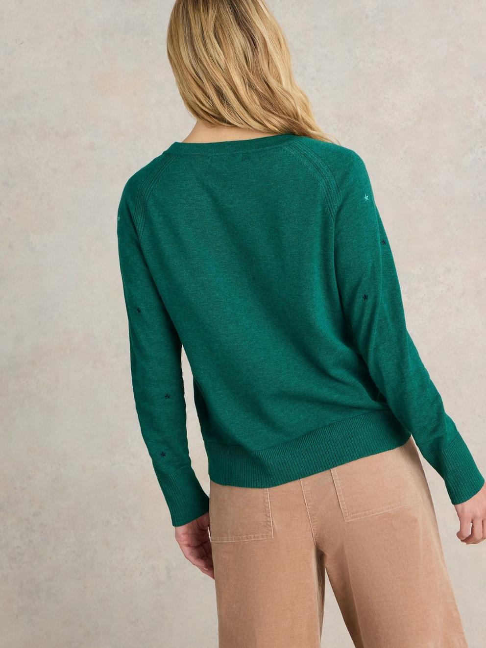 LULU EMBROIDERED CARDI in TEAL MLT - MODEL BACK