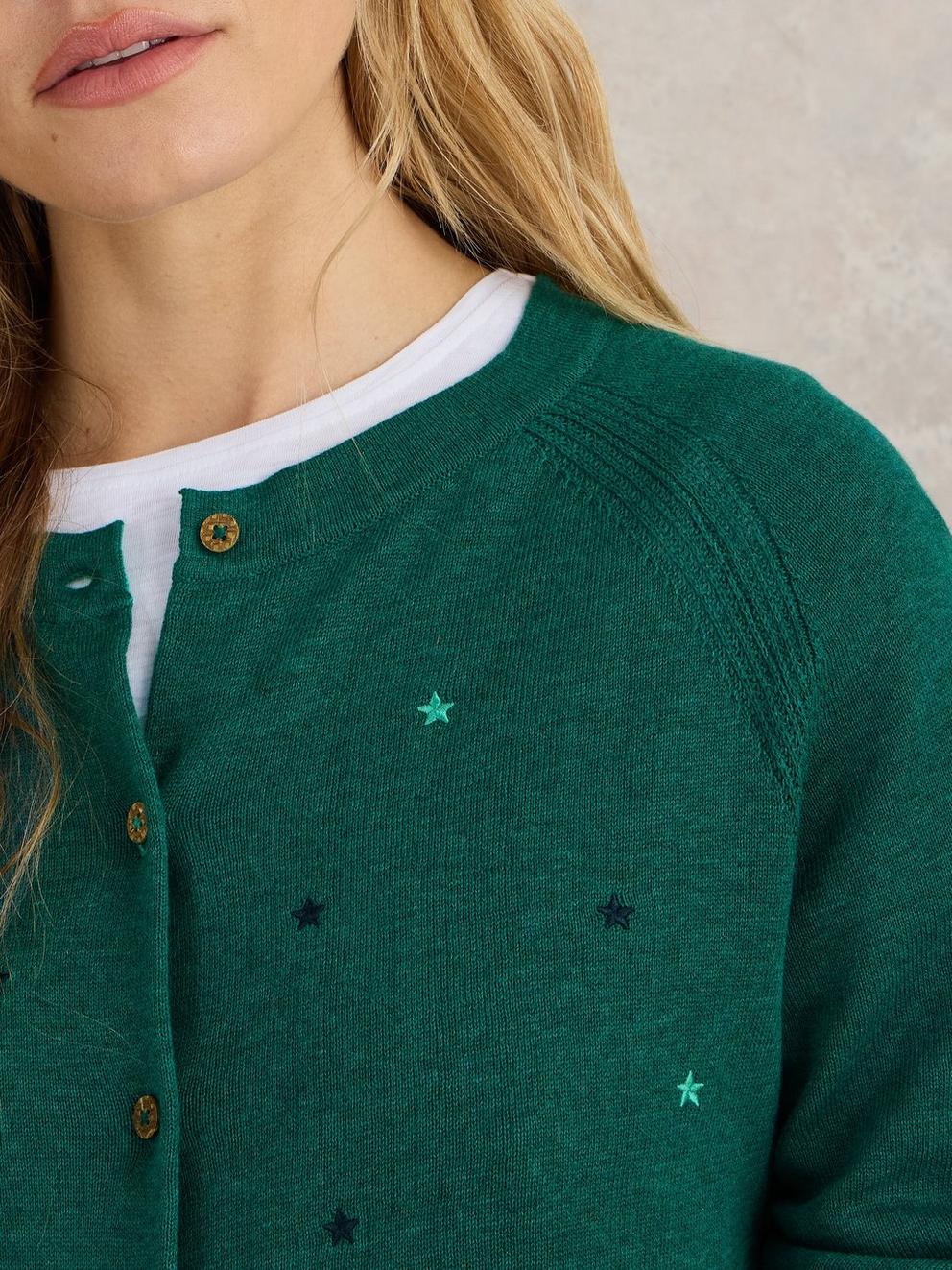 LULU EMBROIDERED CARDI in TEAL MLT - MODEL DETAIL