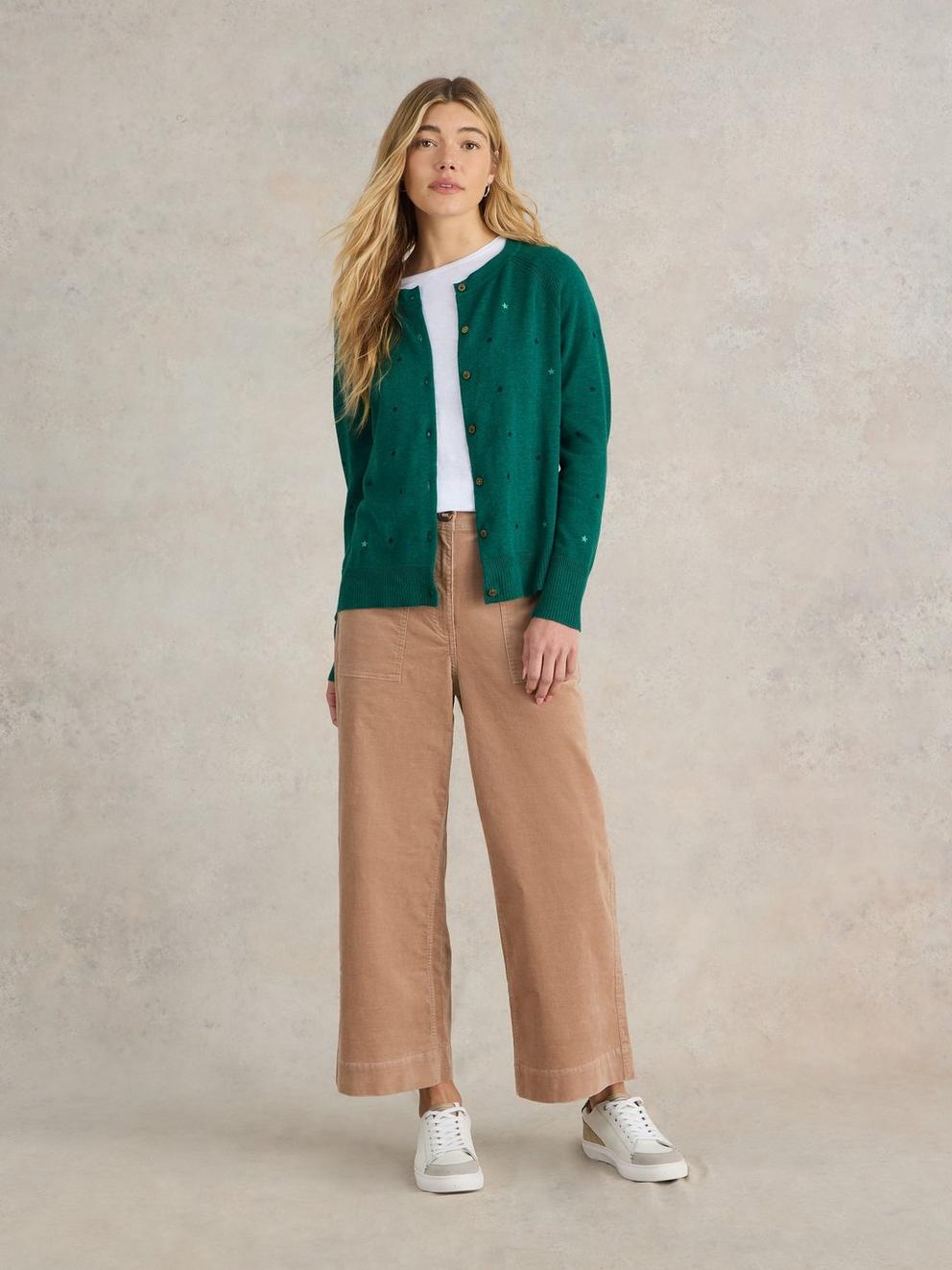 LULU EMBROIDERED CARDI in TEAL MLT - MODEL FRONT