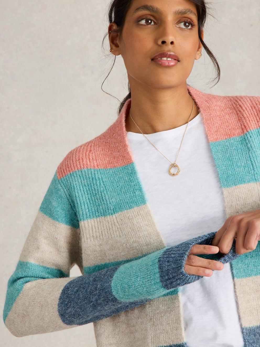 ERIN STRIPE LONGLINE CARDI in BLUE MLT - MODEL DETAIL