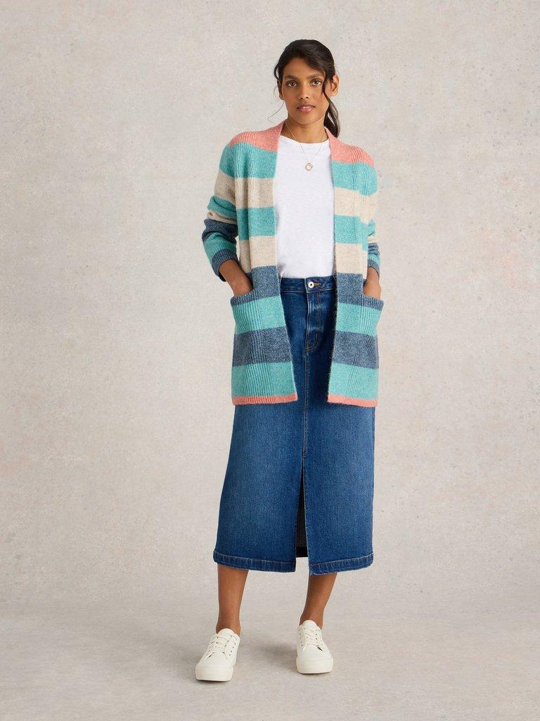 ERIN STRIPE LONGLINE CARDI in BLUE MLT - MODEL FRONT