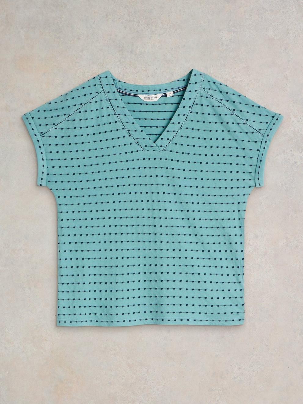 EMBROIDERED STRIPE V NECK TEE in BLUE MLT - FLAT FRONT