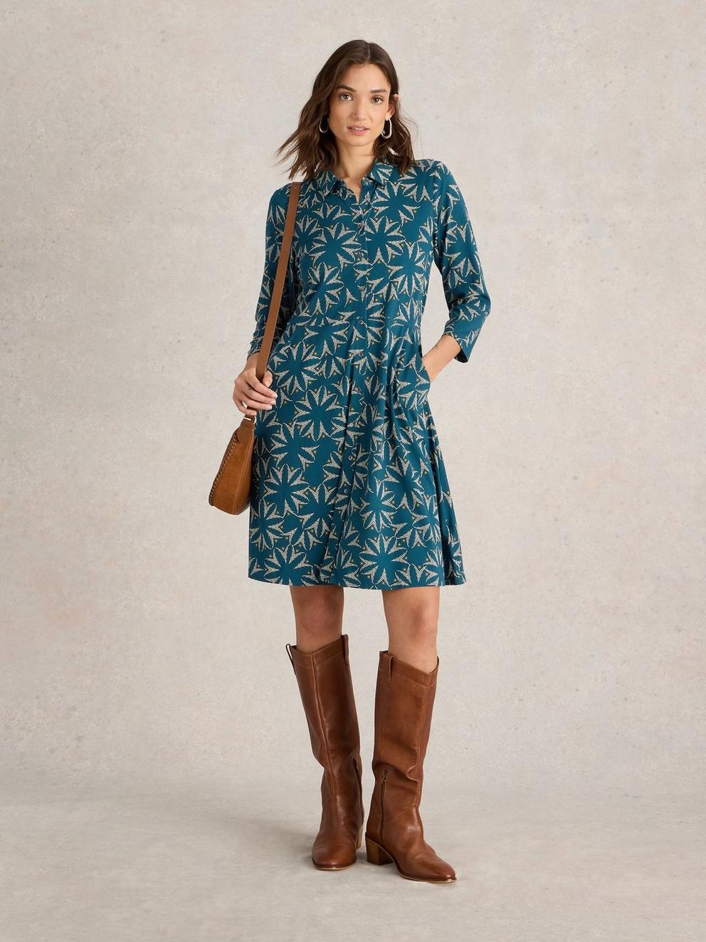 Ria Jersey Shirt Dress in TEAL PR - MODEL FRONT