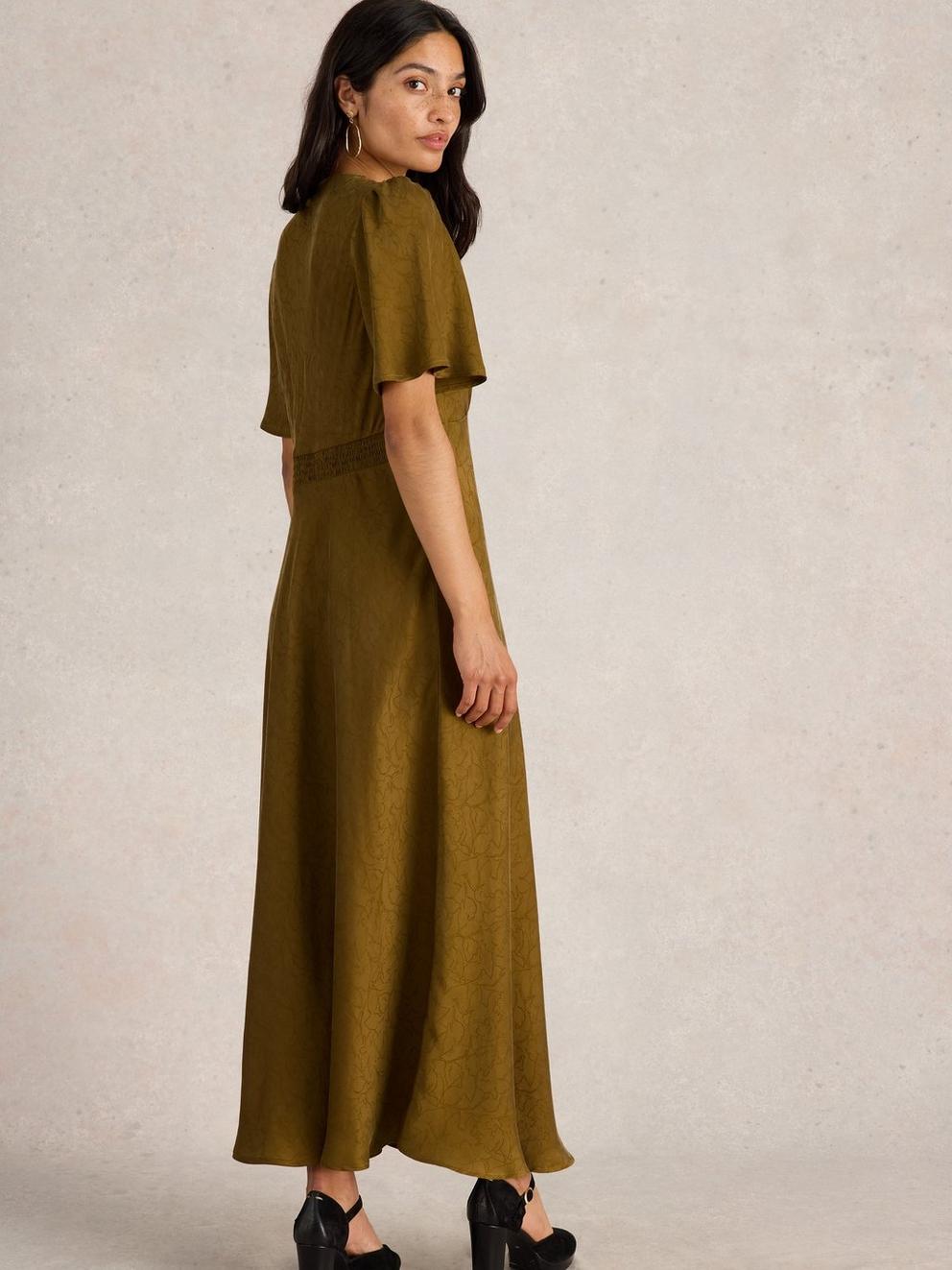 Darcy Bias Cut Dress in KHAKI GRN - MODEL BACK