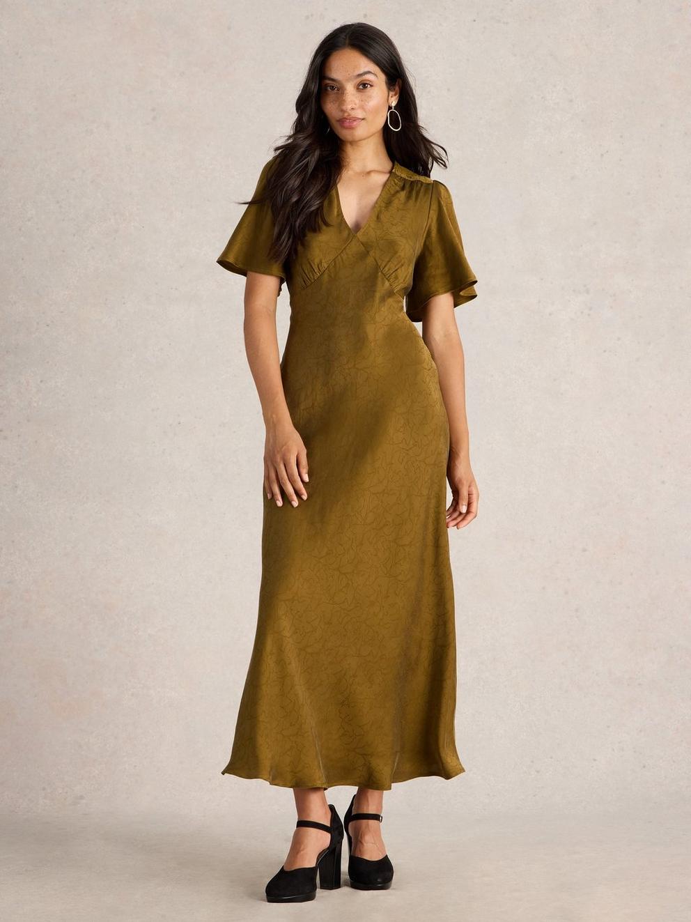 Darcy Bias Cut Dress in KHAKI GRN - MODEL FRONT