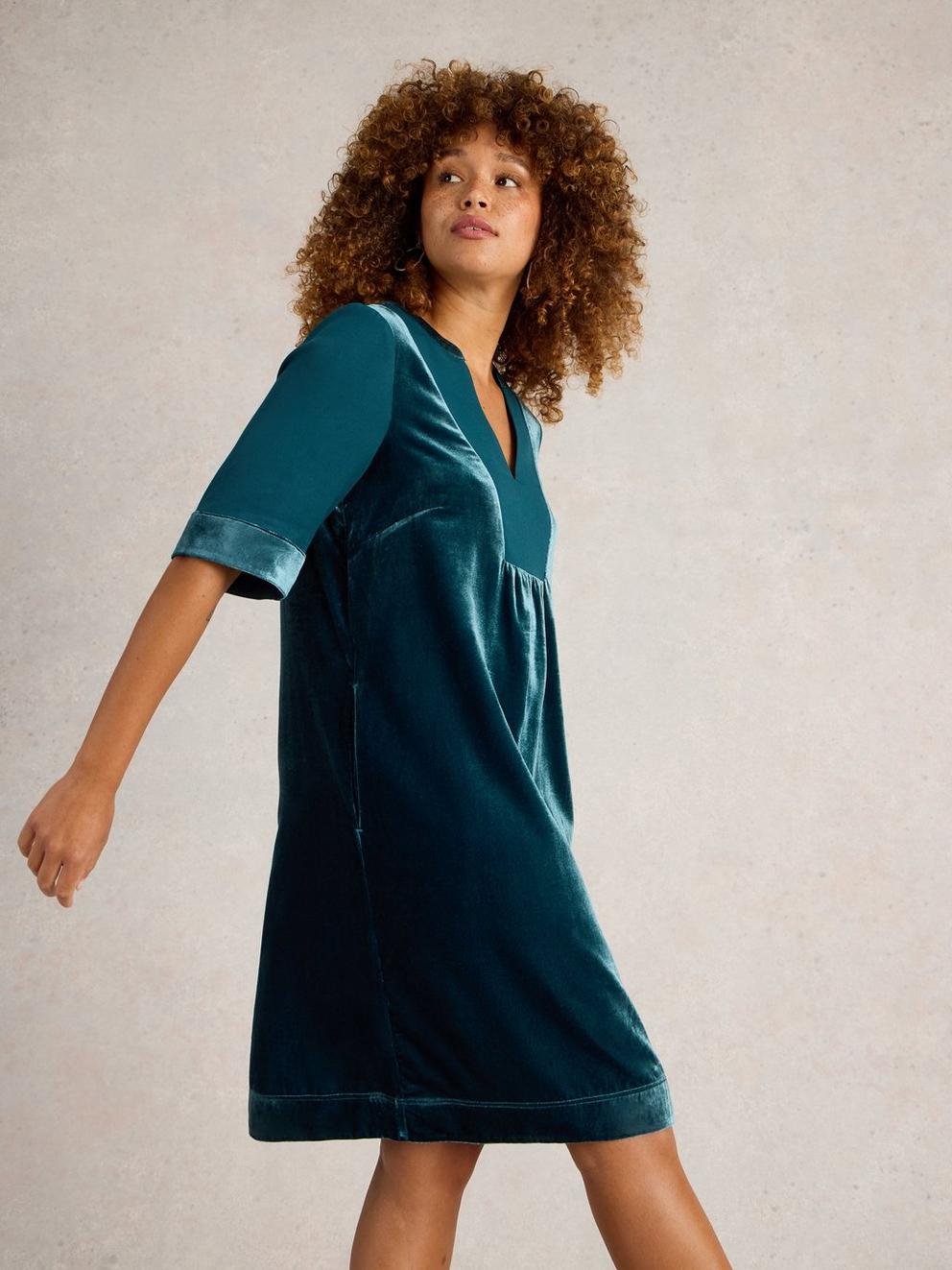 Ash Velvet Mix Dress in DK TEAL - LIFESTYLE