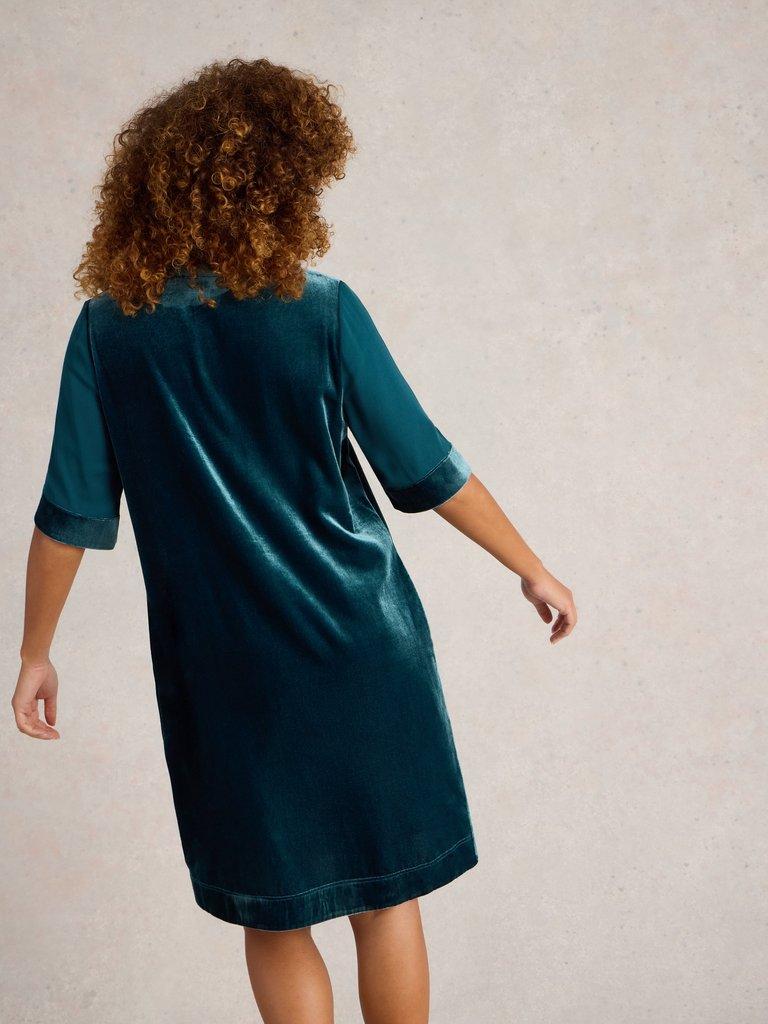 Ash Velvet Mix Dress in DK TEAL - MODEL BACK