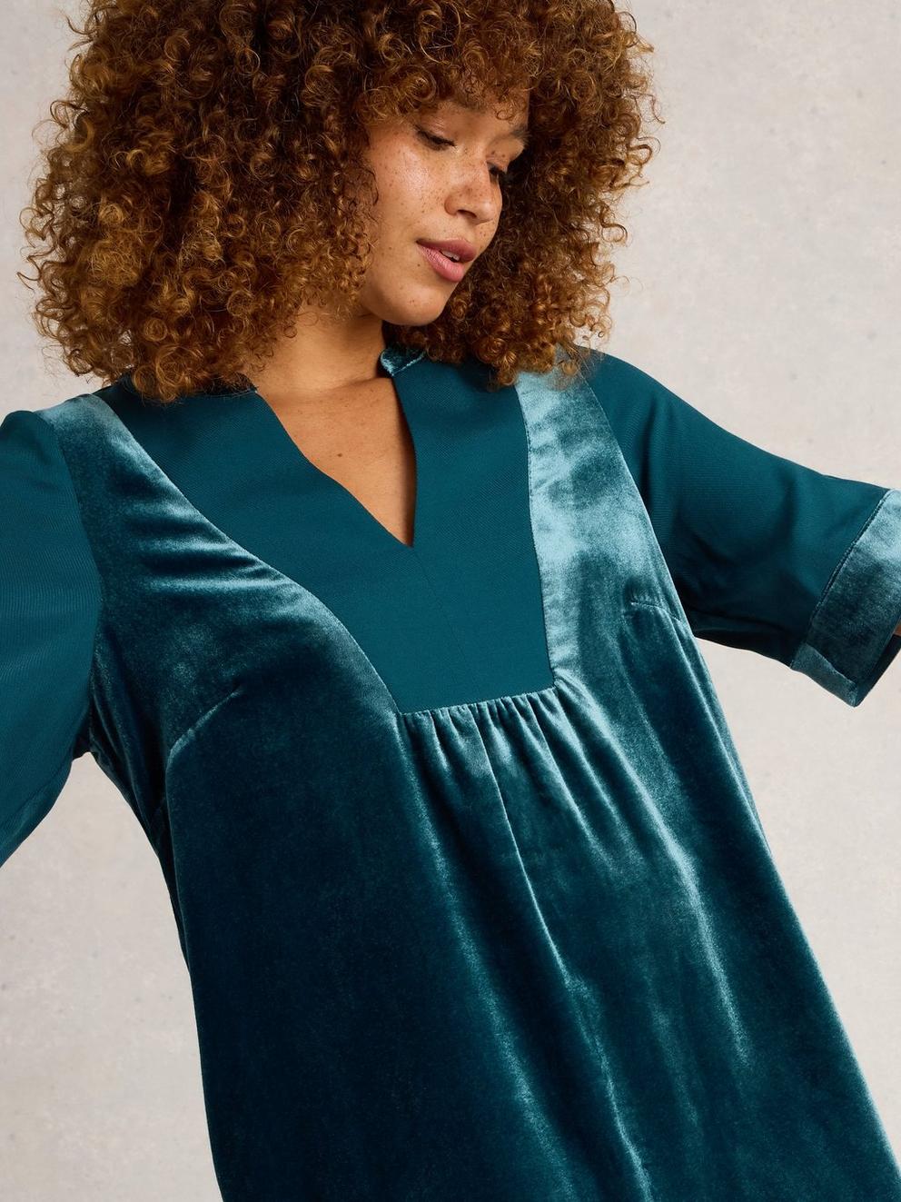 Ash Velvet Mix Dress in DK TEAL - MODEL DETAIL