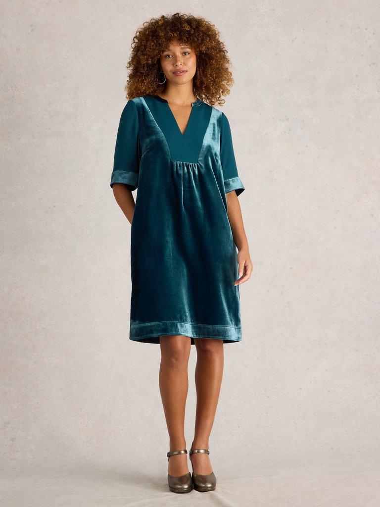 Ash Velvet Mix Dress in DK TEAL - MODEL FRONT