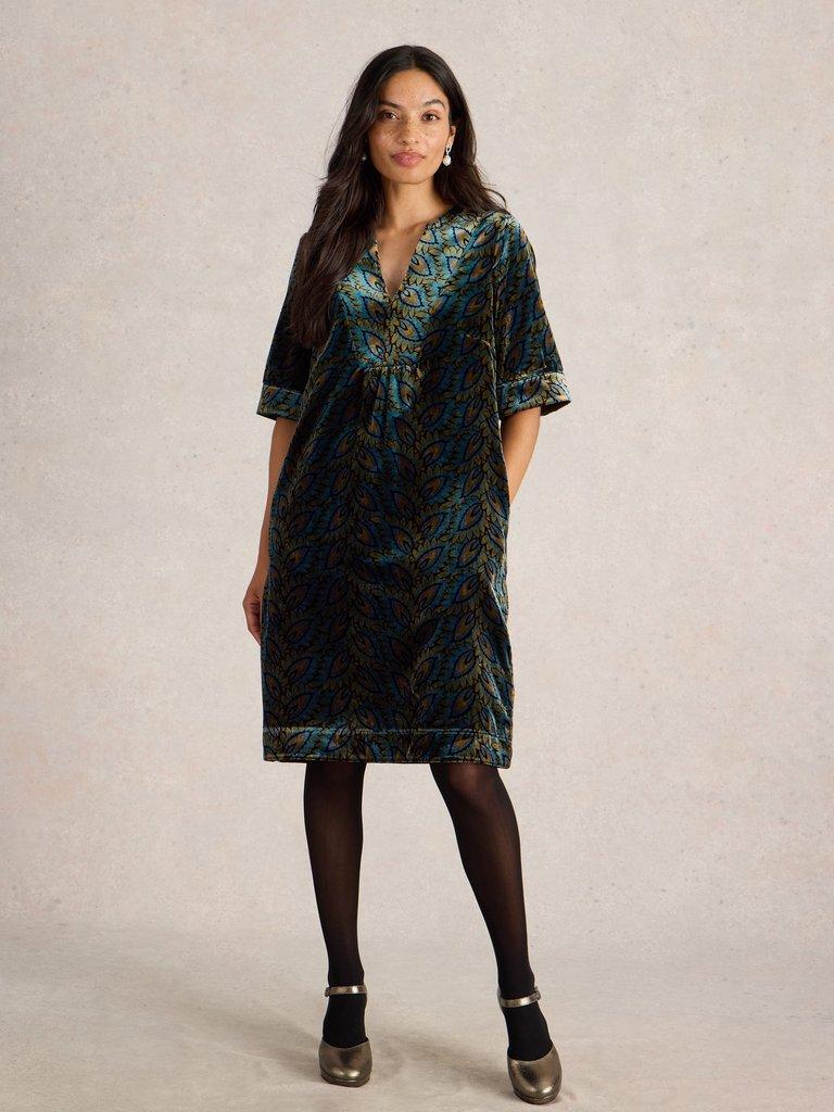 Ash Velvet Mix Dress in TEAL PR - MODEL FRONT