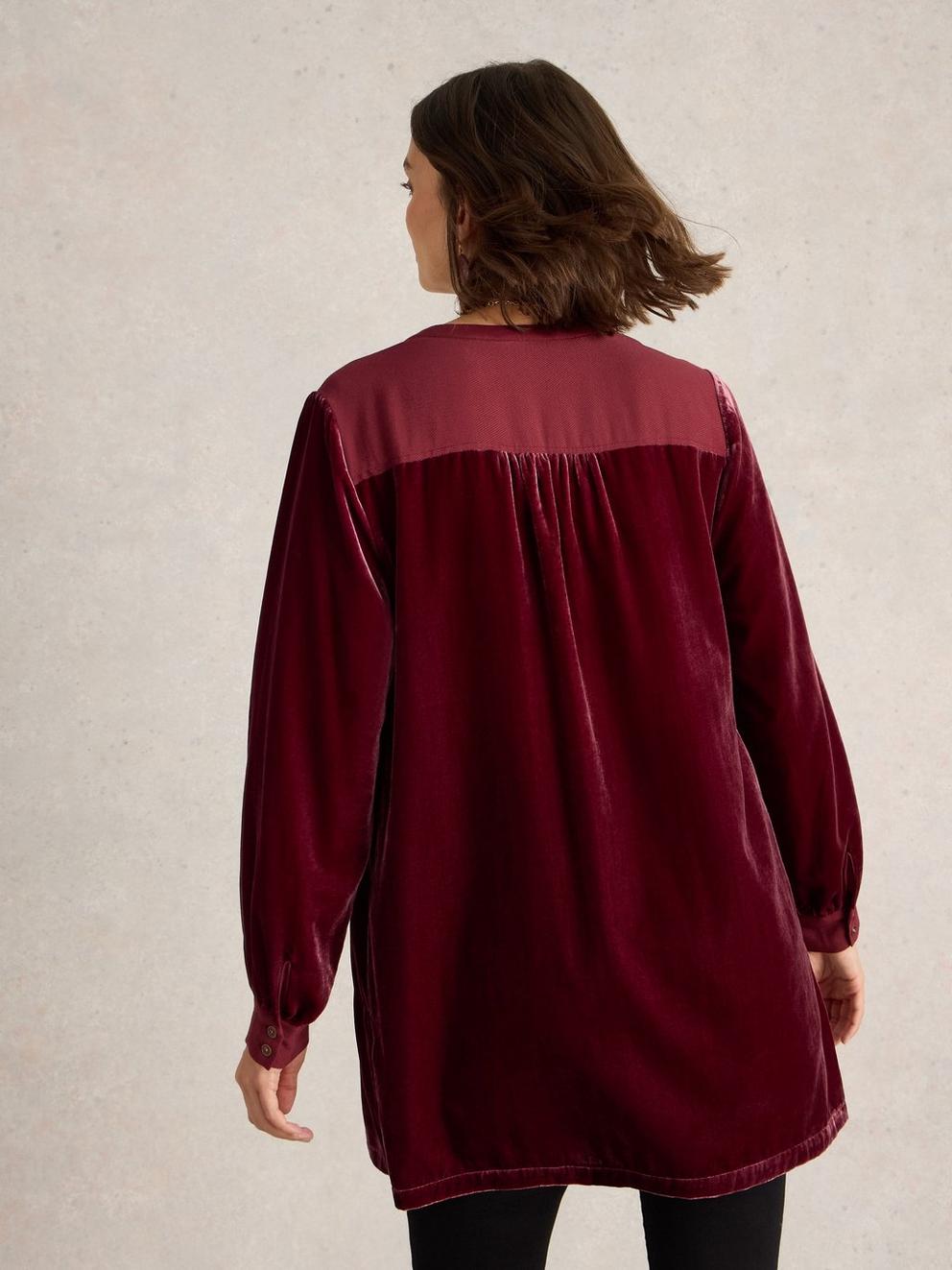 Olive Velvet Tunic in DK PLUM - MODEL BACK