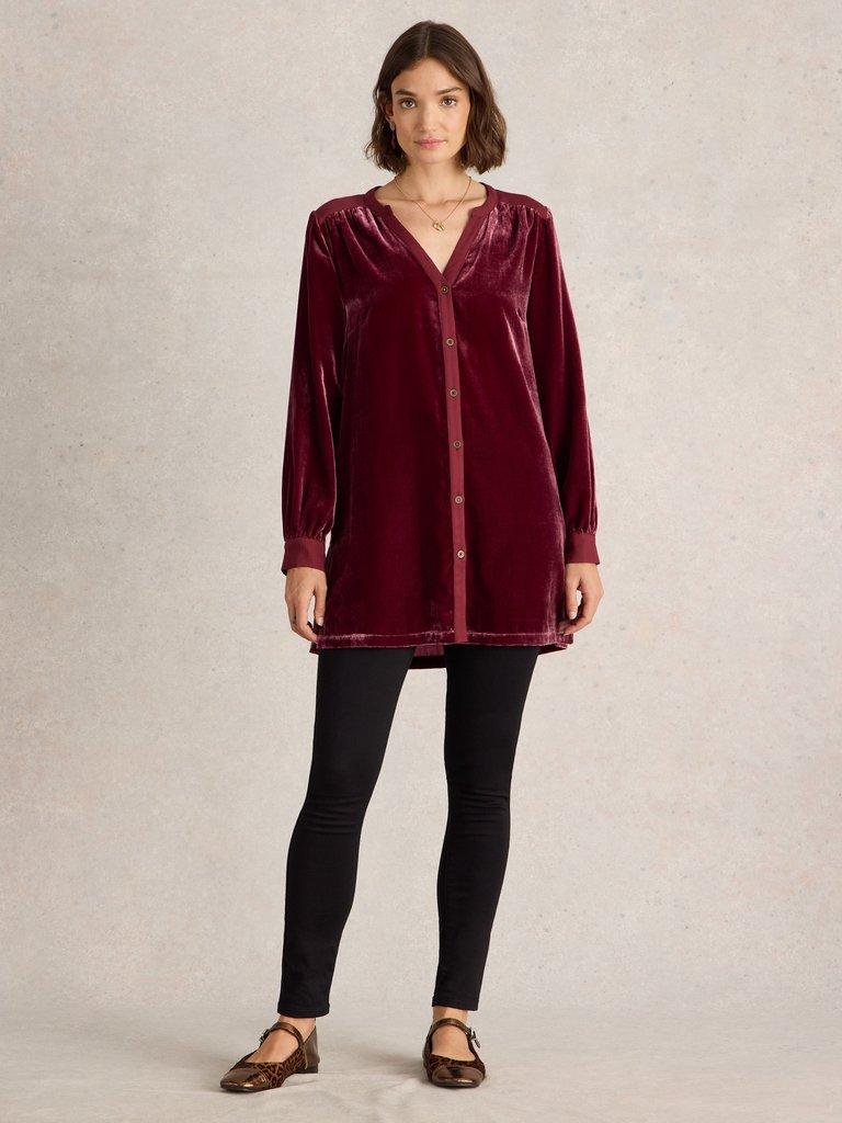 Olive Velvet Tunic in DK PLUM - MODEL FRONT