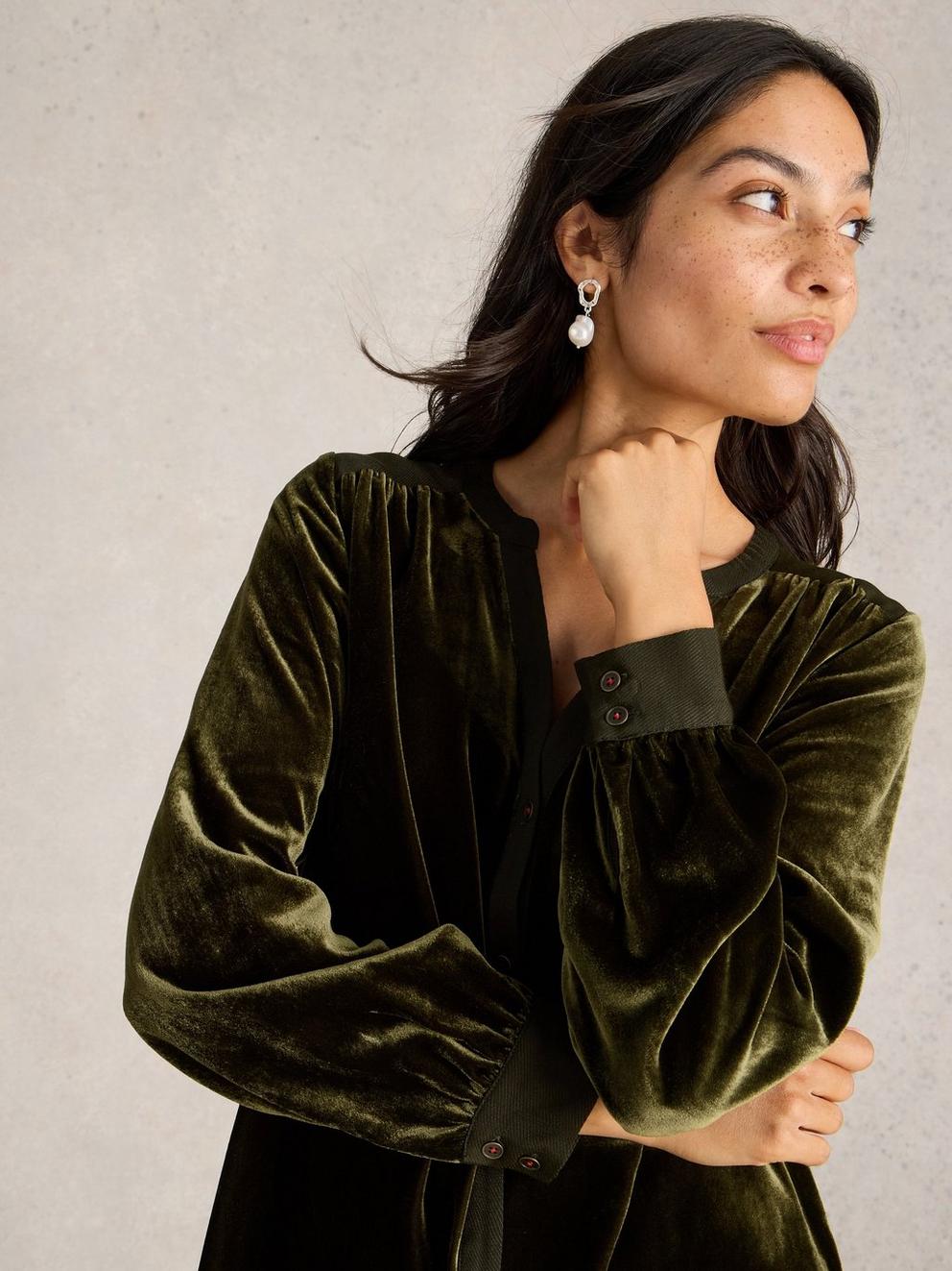 Olive Velvet Tunic in KHAKI GRN - MODEL DETAIL